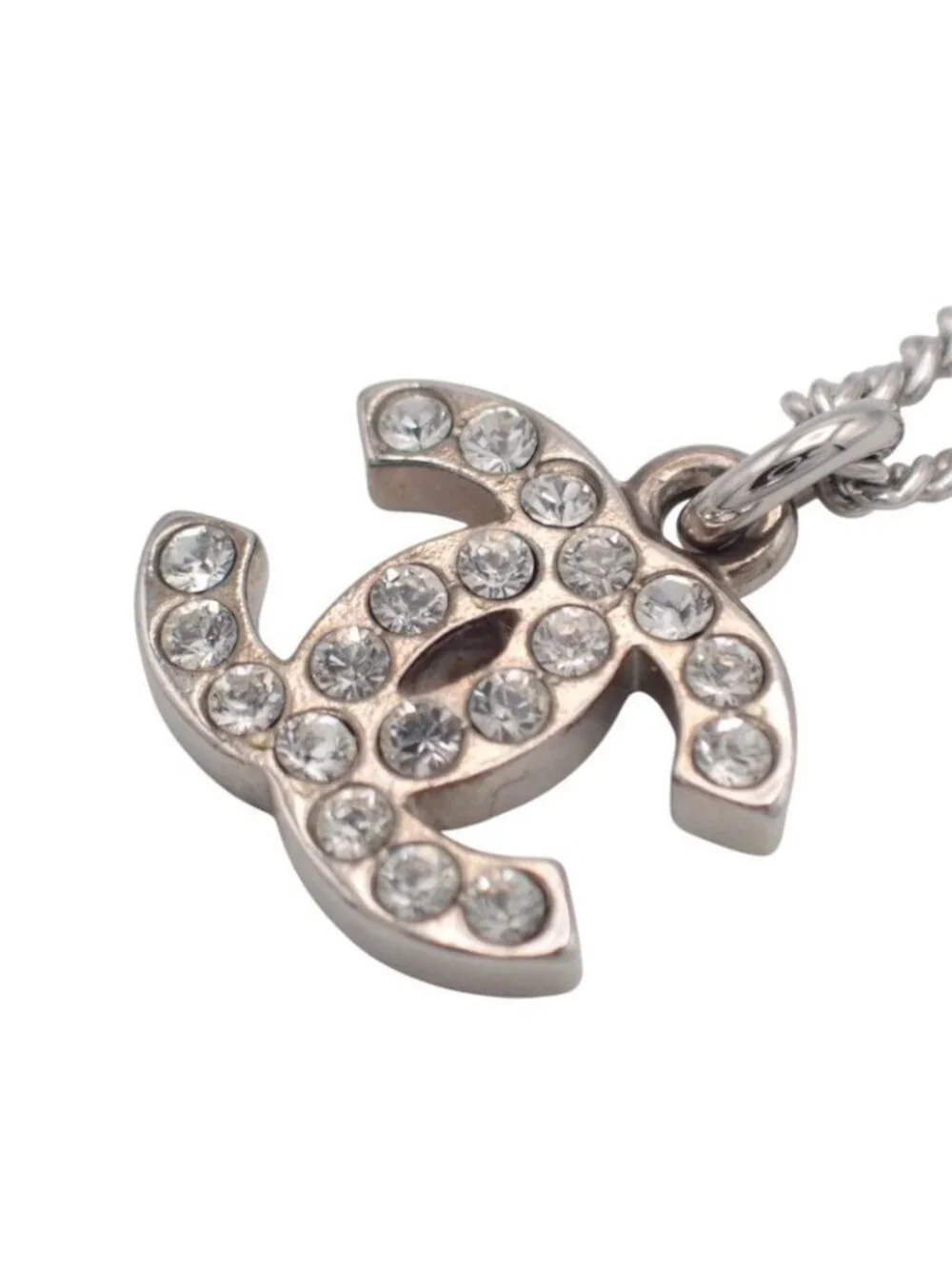 Chanel CC Logo Necklace Metal Crystal Silver Simple